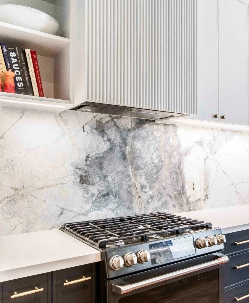 Marble backsplash above a stove